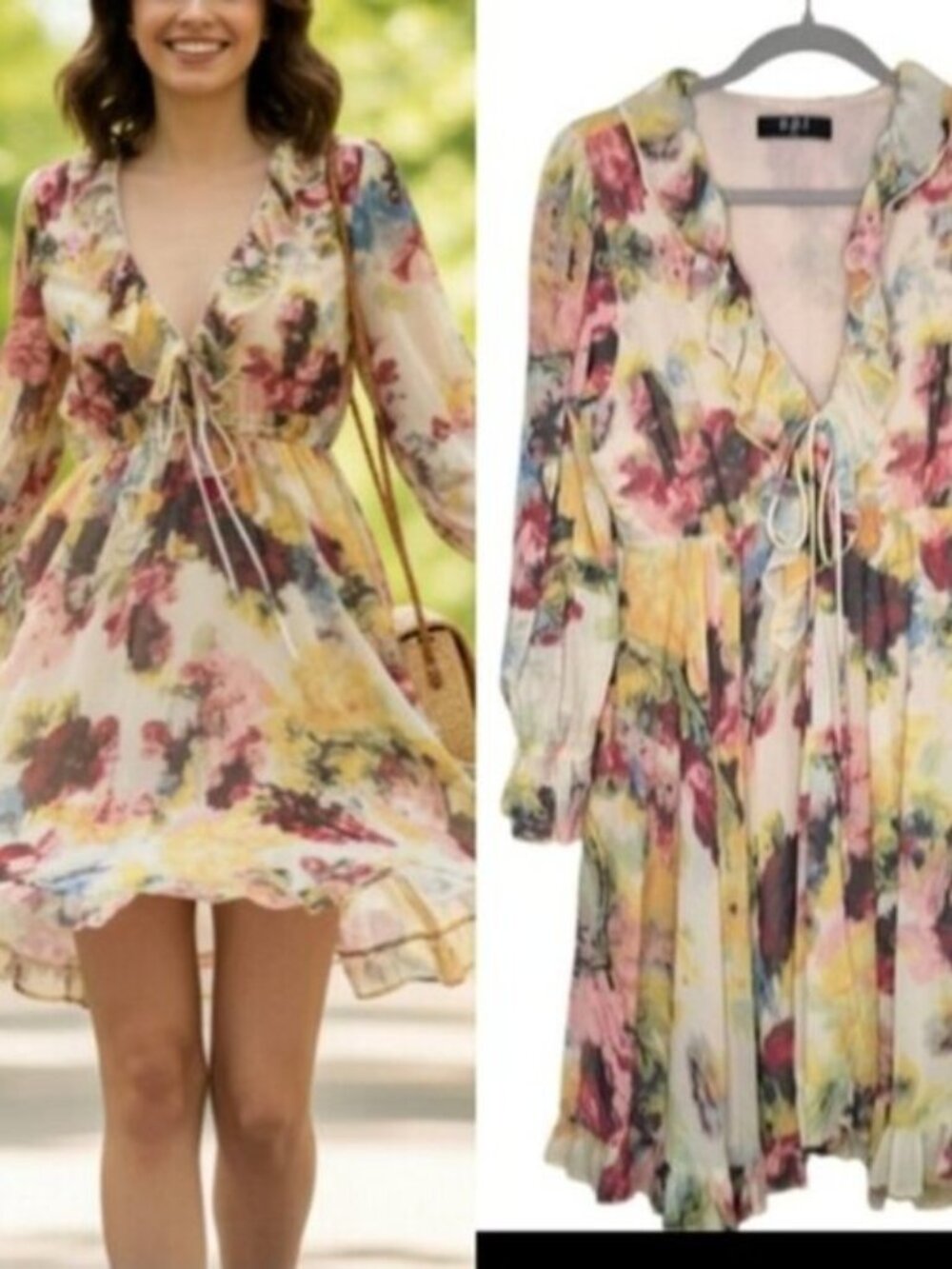 Cottagecore  Boho Ruffle Floral Mini Dress - Long Sleeve Babydoll Style Medium